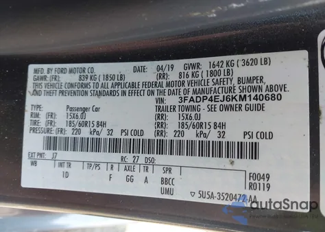 2019 Ford Fiesta Se z USA, uszkodzony, nr VIN 3FADP4EJ6KM140680